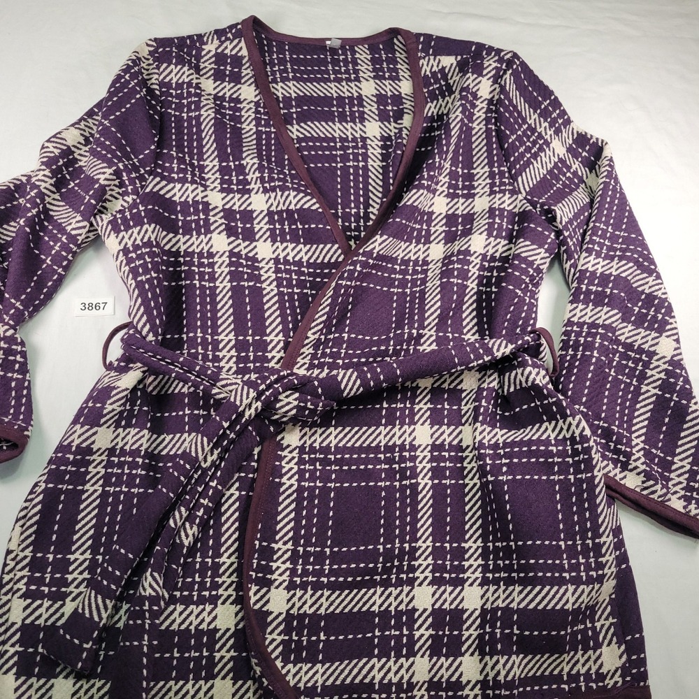 Acting Pro Women 2X Purple Cream Plaid Kimono Style Wrap Cardigan Sweater Career